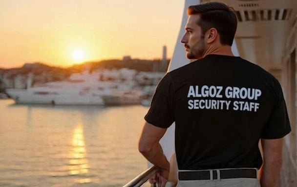 Close protection operative on yacht securing principal